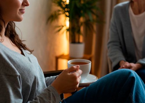Молодая женщина держит чашку чая и улыбается во время беседы с собеседницей